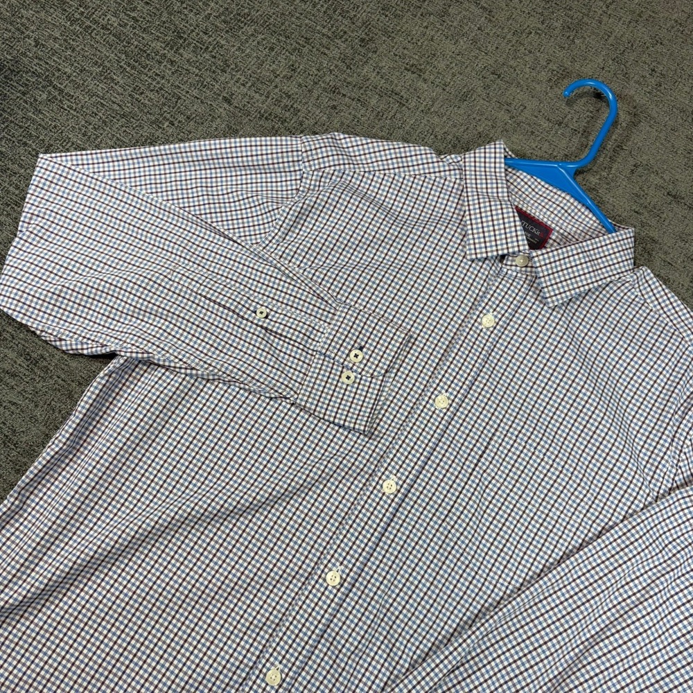 UNTUCKit Button Down Shirt Large Blue Burgundy Micro Check Performance Stretch